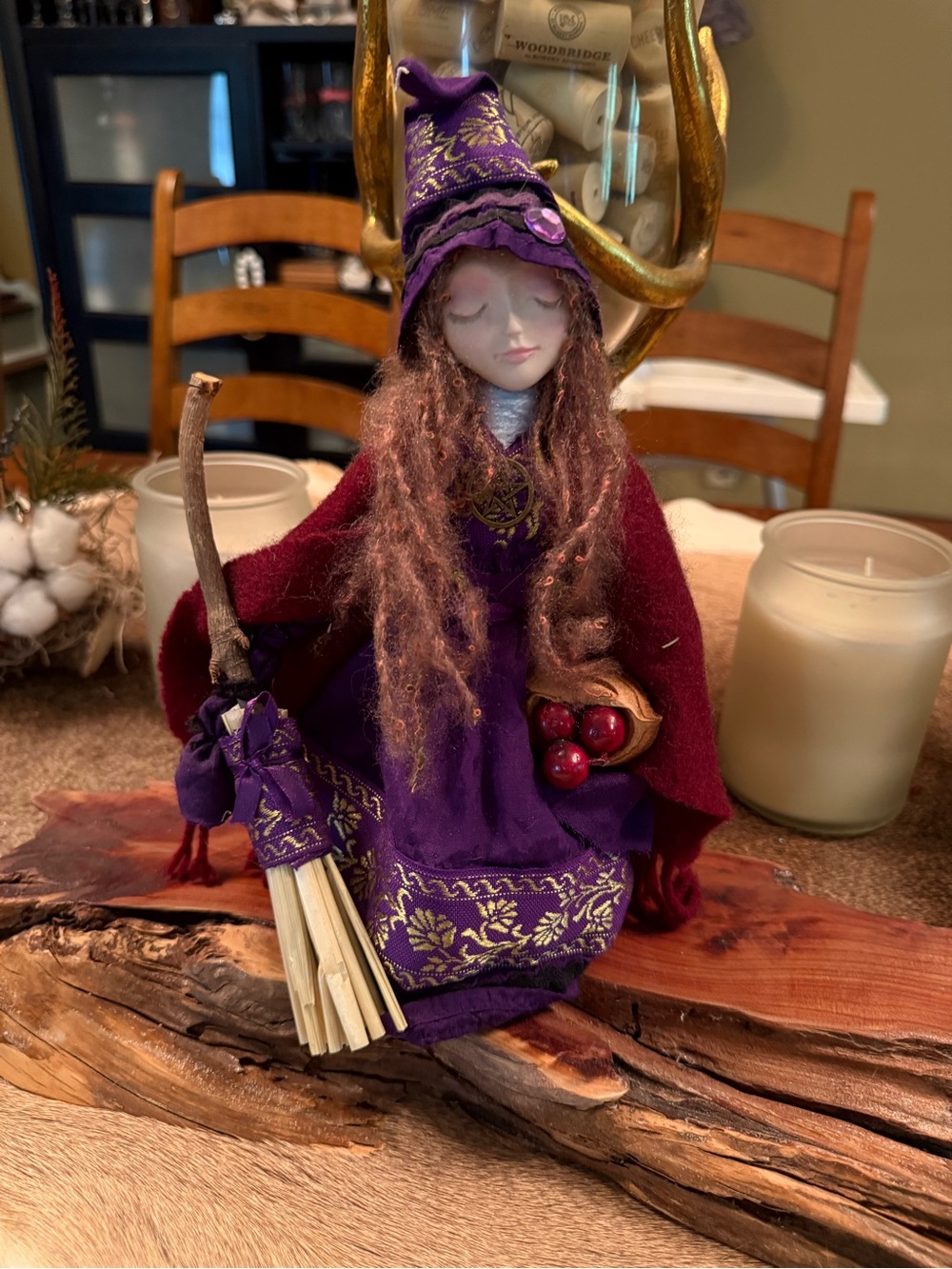 Handmade Purple Witch Doll with Burgundy Cloak